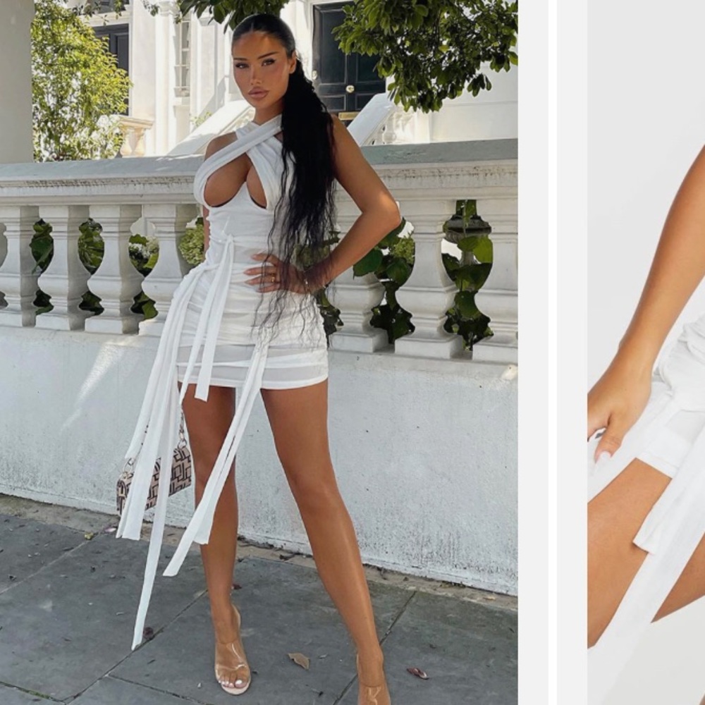 Brand new with tag shape white mesh wrap neck tie detail body on dress womens